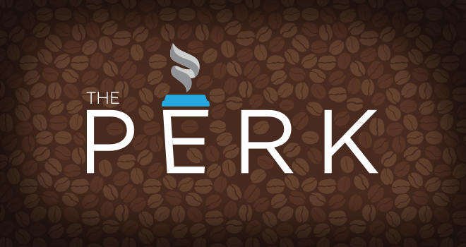 The Perk logo surrounded by coffee beans.