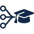 Icon featuring three circles in a column linked by converging lines to a graduation cap.