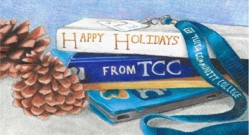 TCC holiday card design shows drawing of textbooks with lanyard and pinecones