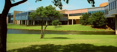 A view of a pond with TCC Southeast Campus Building in the back ground and the shade of an oak tree in the foreground.