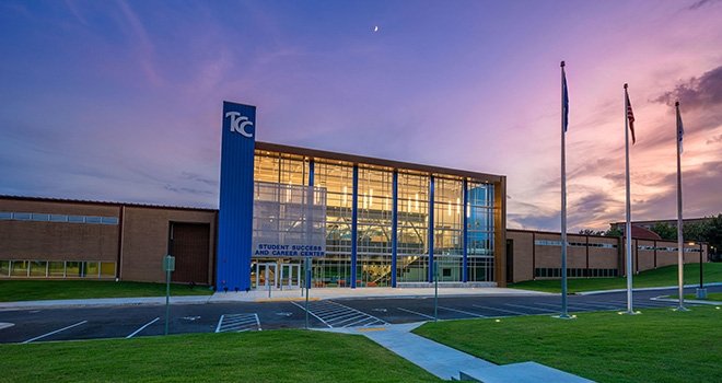 TCC Southeast Campus Student Success Center against a Purple sunset.