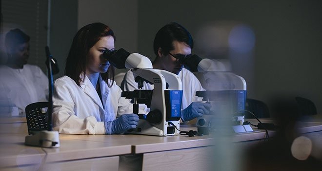 two people in lab coats looking into microscopes