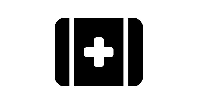 Black and white icon of a first aid kit.