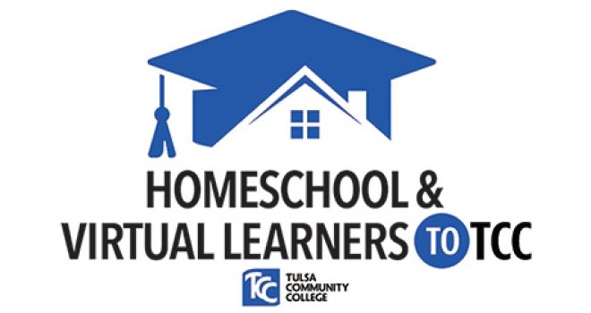 An outline of a house with a graduation cap on top. Text: Homeschool & Virtual Learners to Tulsa Community College