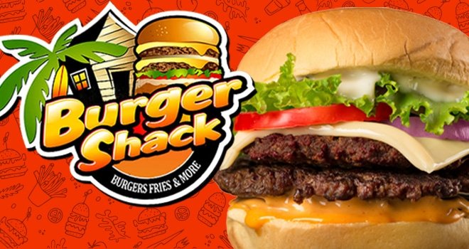 Logo on the left features an illustration of a building next to a burger and reads Burger Shack: Burgers Fries and More.