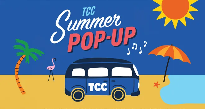 Illustration of Blue Volkswagon Bus with TCC logo under sun and Palm trees is parked on a beach next to an umbrella.. Music notes surround the bus to imply music is playing