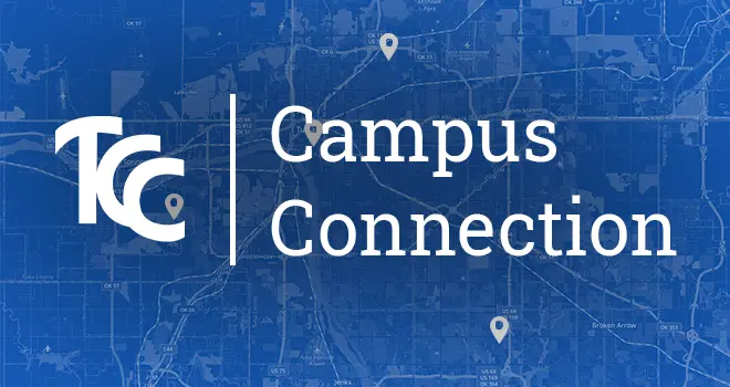 TCC Campus Connection over a blue map of the four TCC Campus Locations