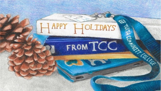 TCC holiday card design shows drawing of textbooks with lanyard and pinecones