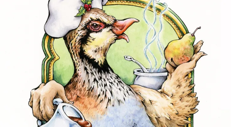 Watercolor image of a chicken pouring chocolate on pears.