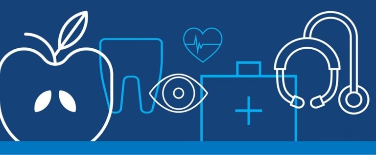 Illustrated collage of apple, tooth, eye, heart, first aid kit and stethoscope over a blue background.