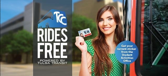 TCC student with the current TCC Rides Free sticker boarding a Tulsa Transit bus.