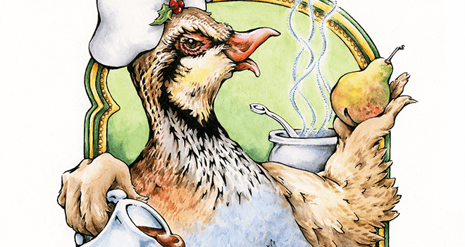 A watercolor painting of a bird holding a cup in one wing and a pear in the other, looking cheerful and playful.