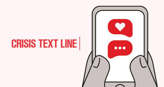 Crisis Text Line. illustrated hands holding a phone with stylized text conversation with heart.