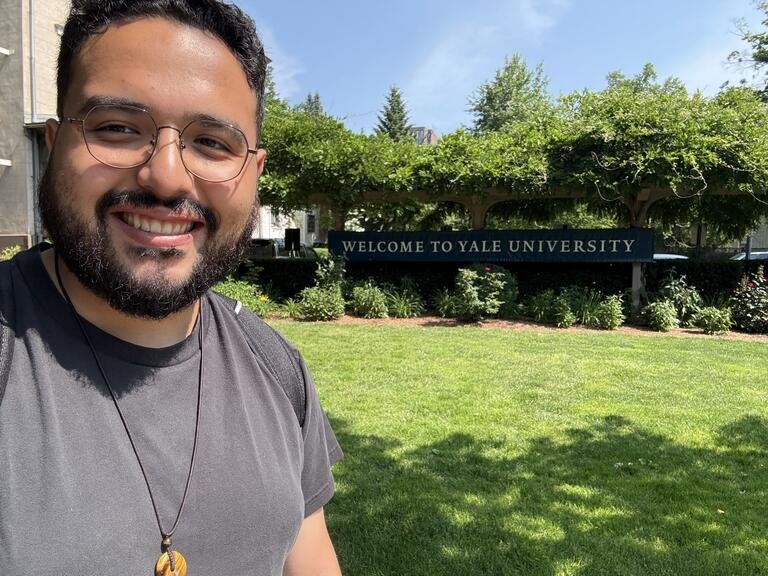 Sergio Perez stands outside of Yale University