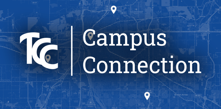 TCC Campus Connection overlaid on a blue map marked with the location of each campus
